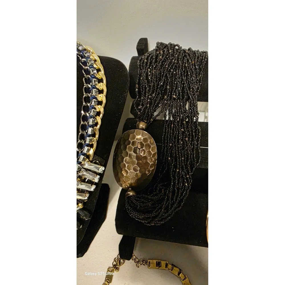 Vintage Necklace‎ Statement Black Beaded Multi-Strand Hammered Metal Pendant